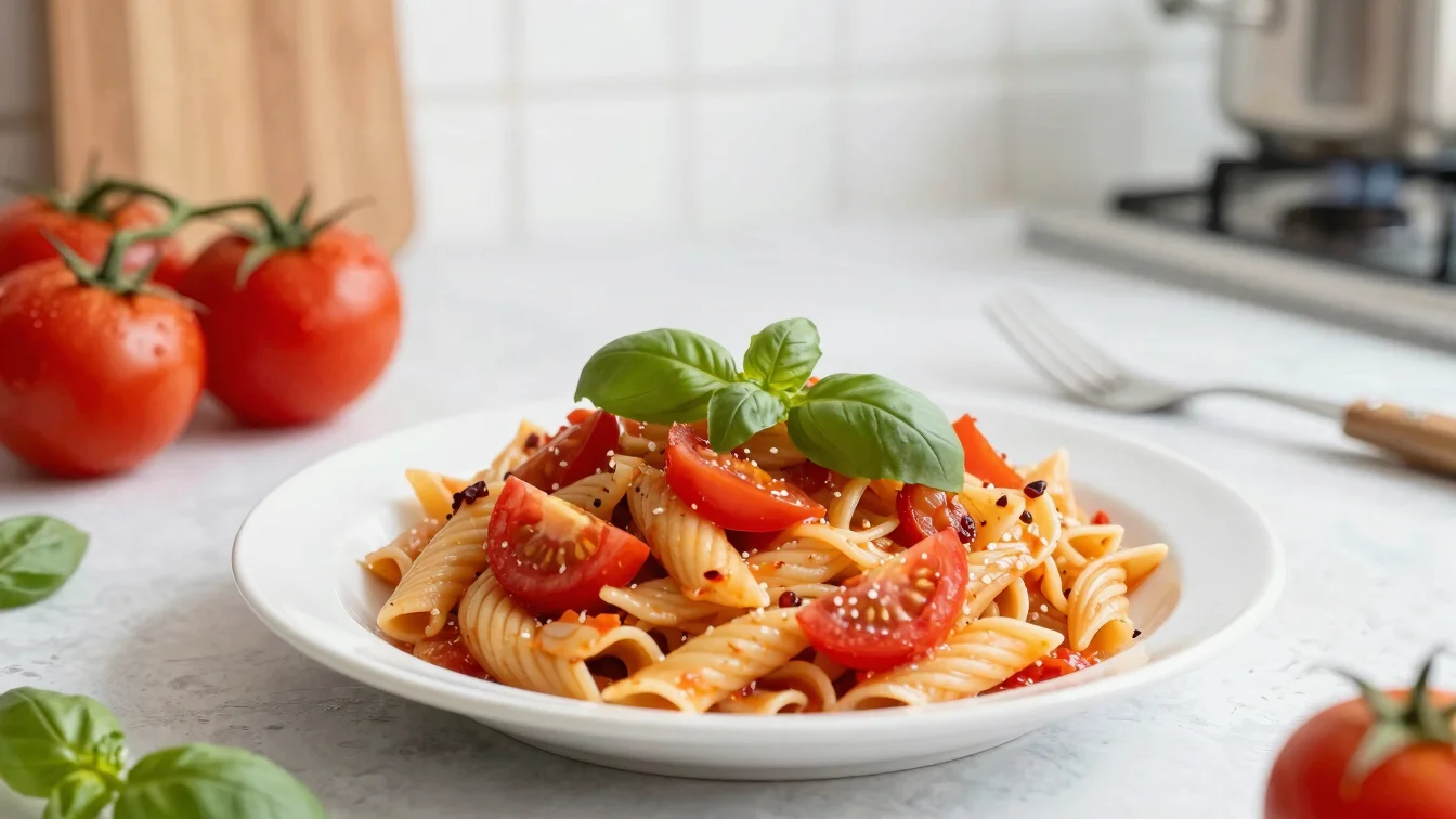 A quick and easy pasta dish, with fresh tomatoes and basil, on a