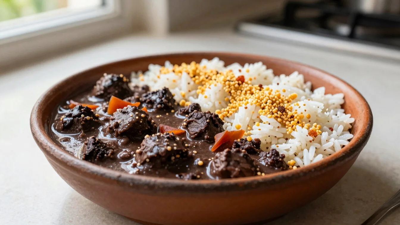 A hearty Brazilian feijoada served in a rustic bowl, with rice an