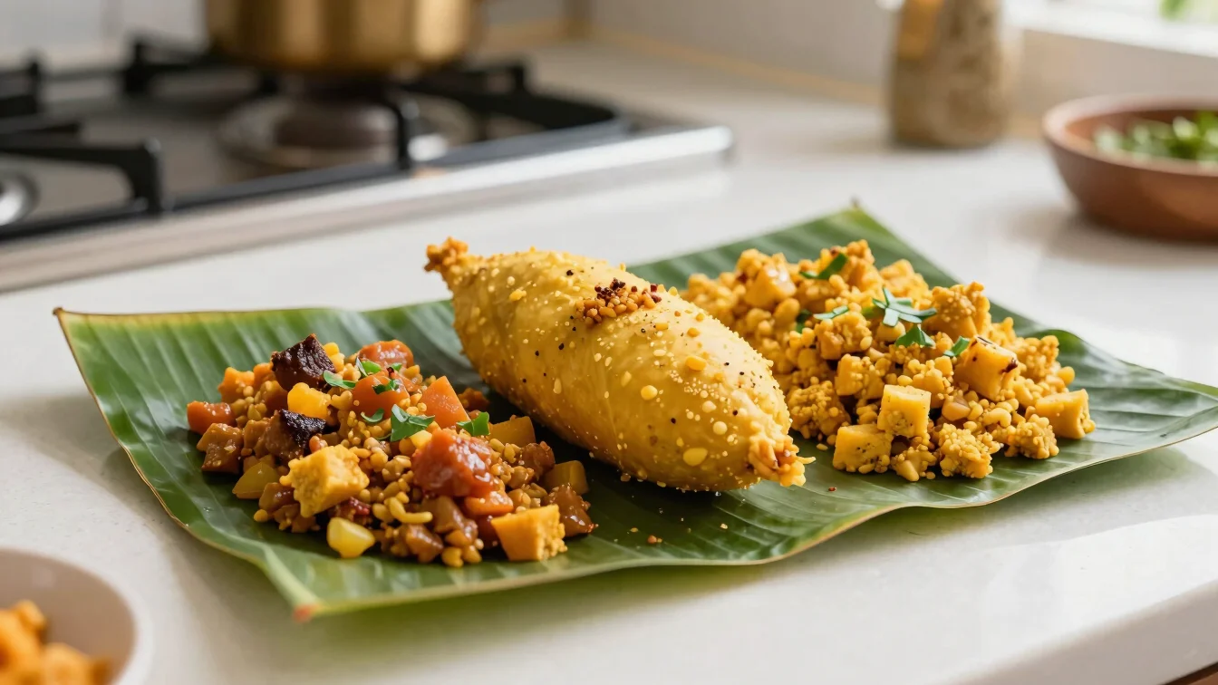 A vibrant acarajé with vatapá and caruru, served on a banana leaf
