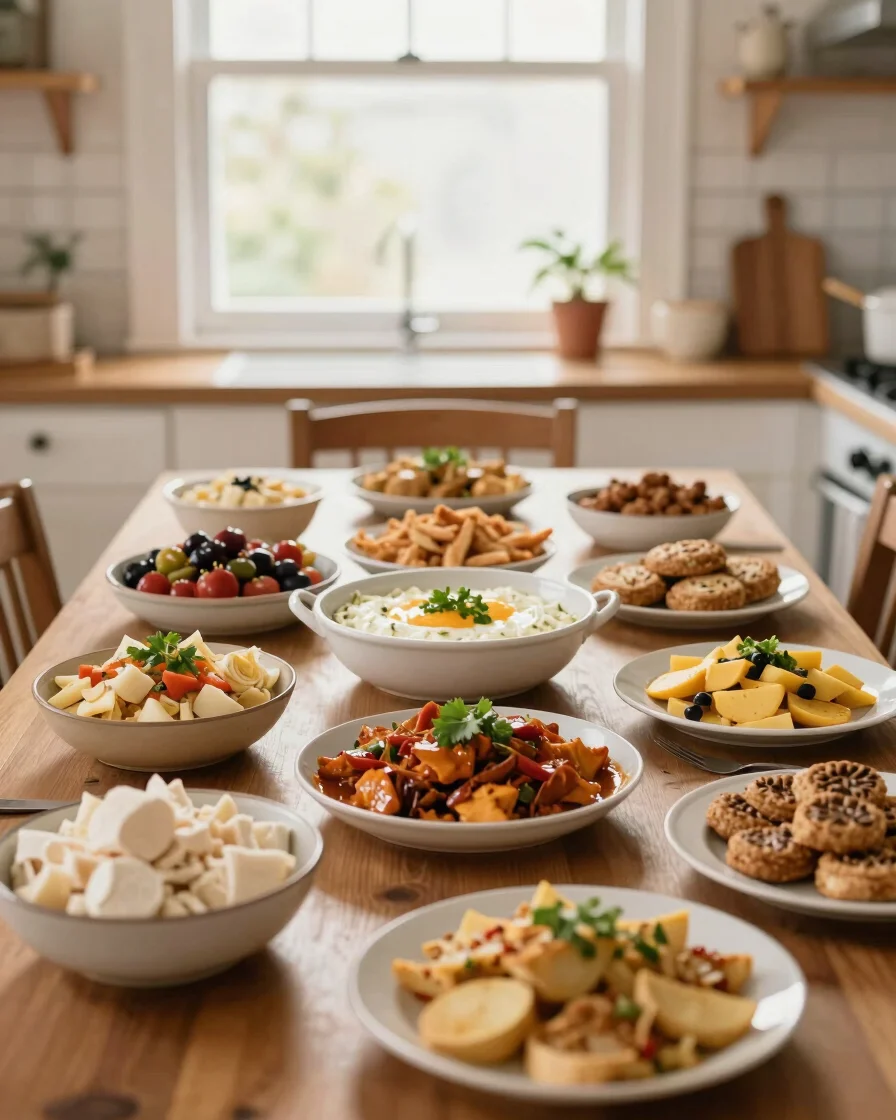 Fotografia culinária acolhedora de mesa de jantar posta com travessas de comida caseira brasileira, iluminação natural s
