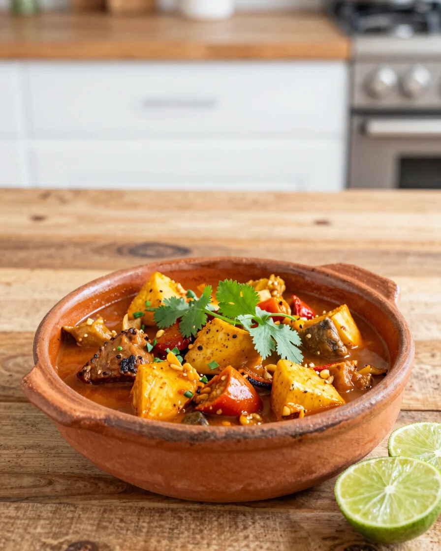 A vibrant and appetizing Brazilian moqueca served in a clay pot o