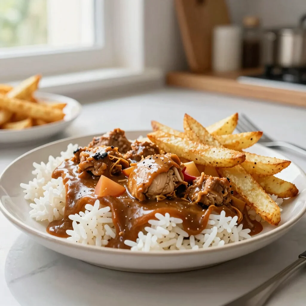 A delicious chicken stroganoff served with white rice and crispy