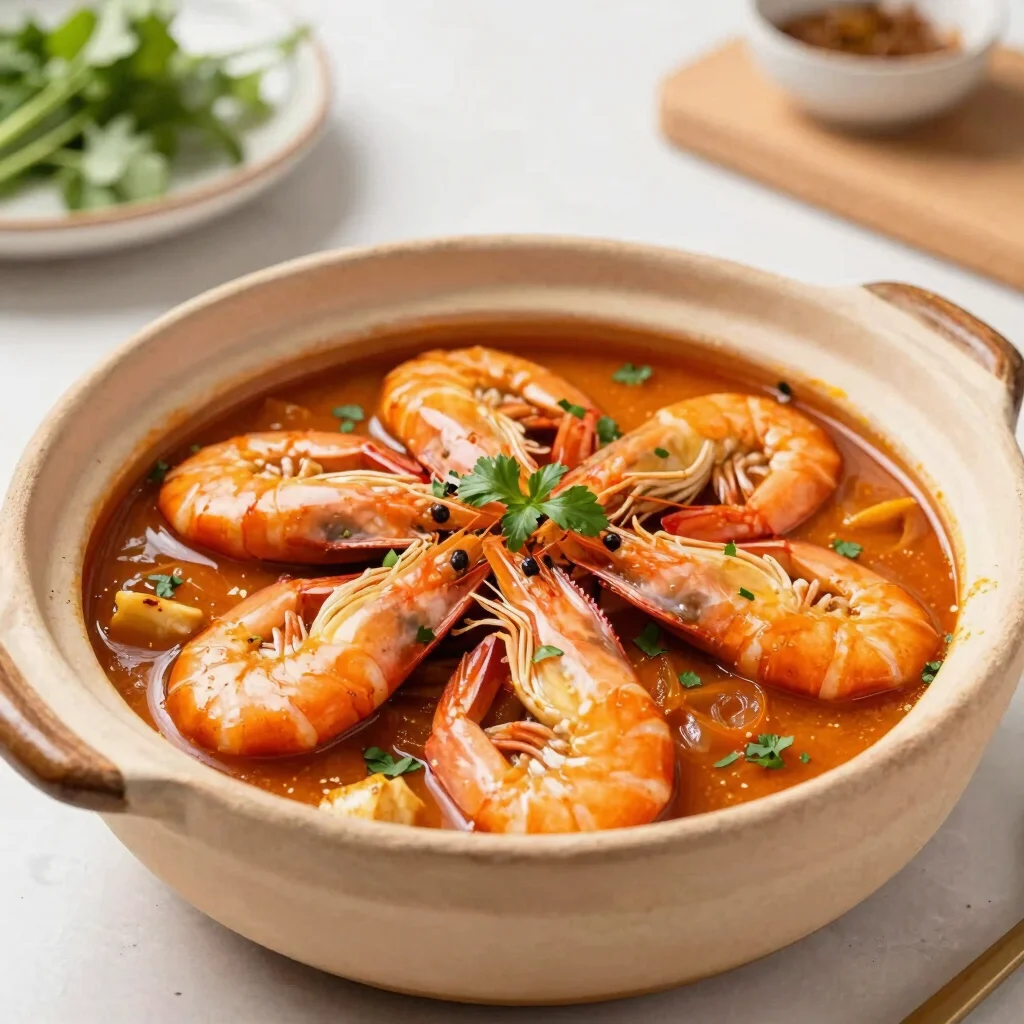 A vibrant shrimp bobó (Brazilian shrimp stew) in a clay pot, garn