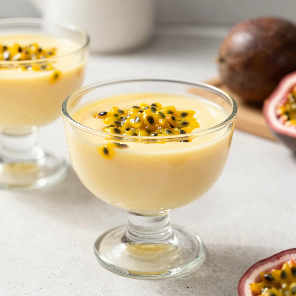 A refreshing passion fruit mousse in a glass dessert cup, garnish