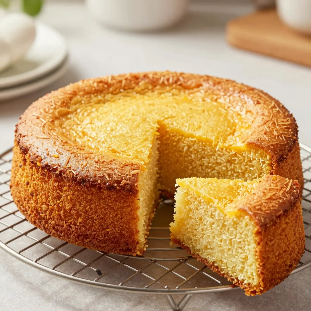 A freshly baked corn cake (bolo de fubá) on a cooling rack, with